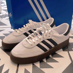 Adidas sambarose white with black stripes and gum sole 9 US womens NWT